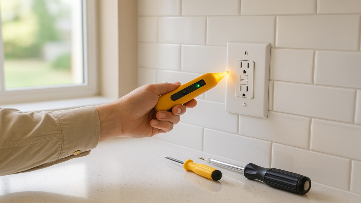 Homeowner verifying power off at a kitchen GFCI box with a voltage tester before replacement