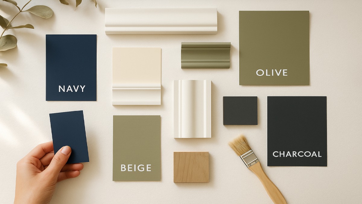 Wall molding color palette samples with neutral and bold hues