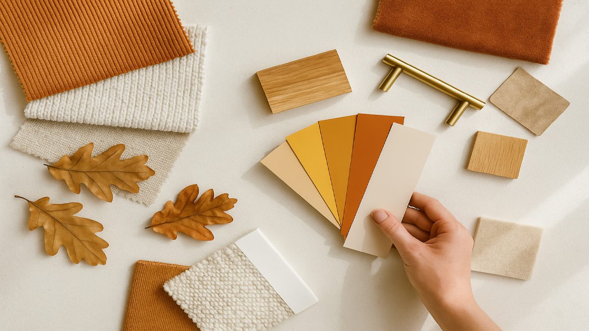Flat lay of warm color palette and textured fabrics for living room décor