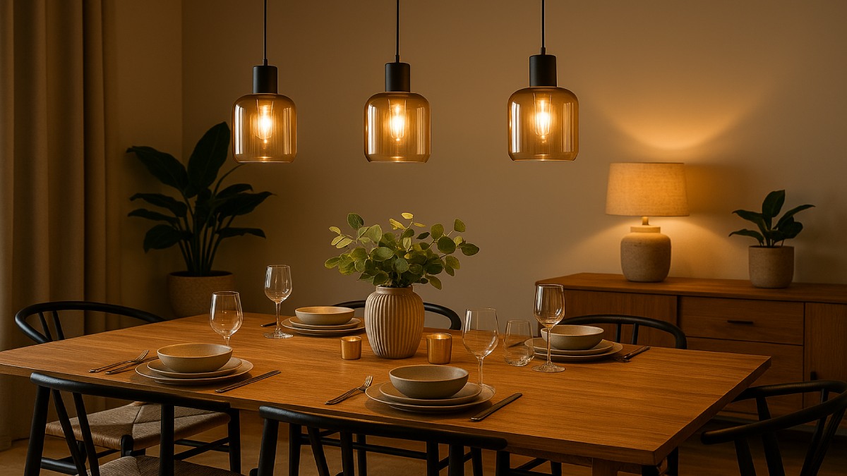 Elegant dining room with pendant lights and warm ambiance