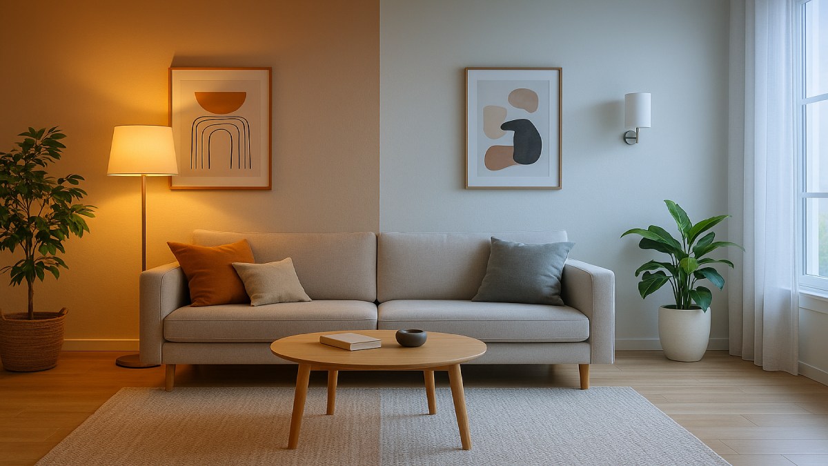 Warm and cool lighting comparison in a modern living room