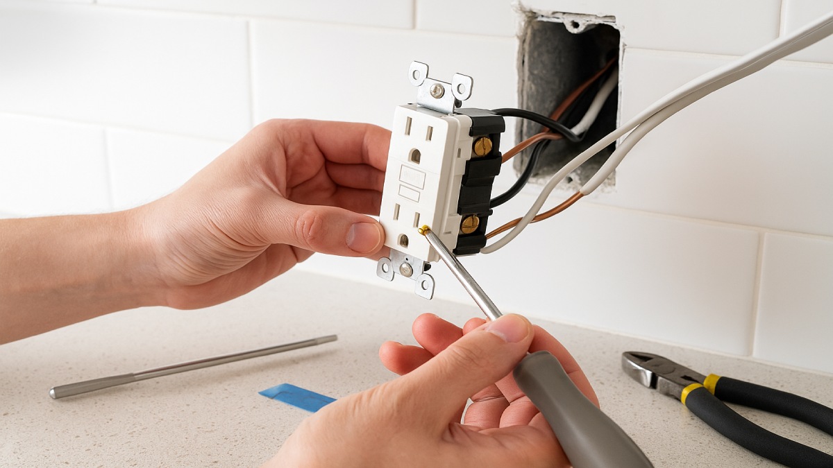 Hands landing hot and neutral on GFCI LINE terminals with ground connected, preparing to test
