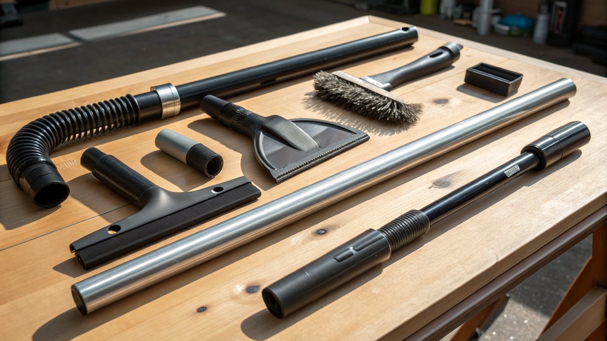 Assorted shop vac attachments including squeegee, brush, crevice tool, and extension wands laid out on a workbench.