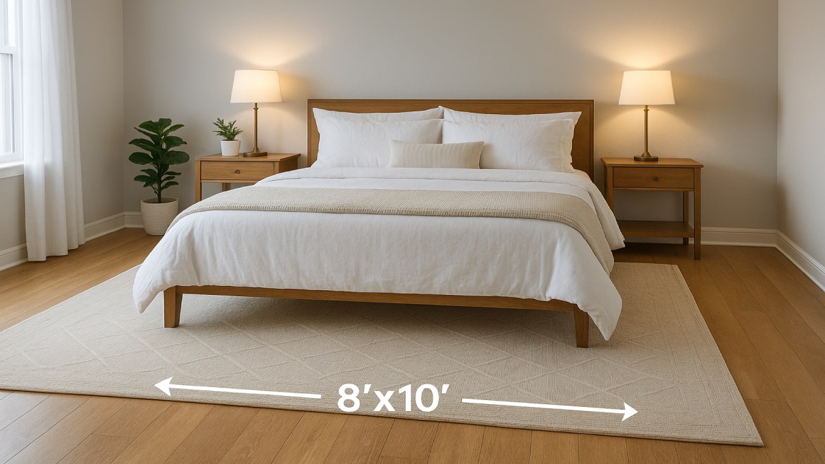 Bedroom with an 8x10 rug under a queen bed extending on all sides