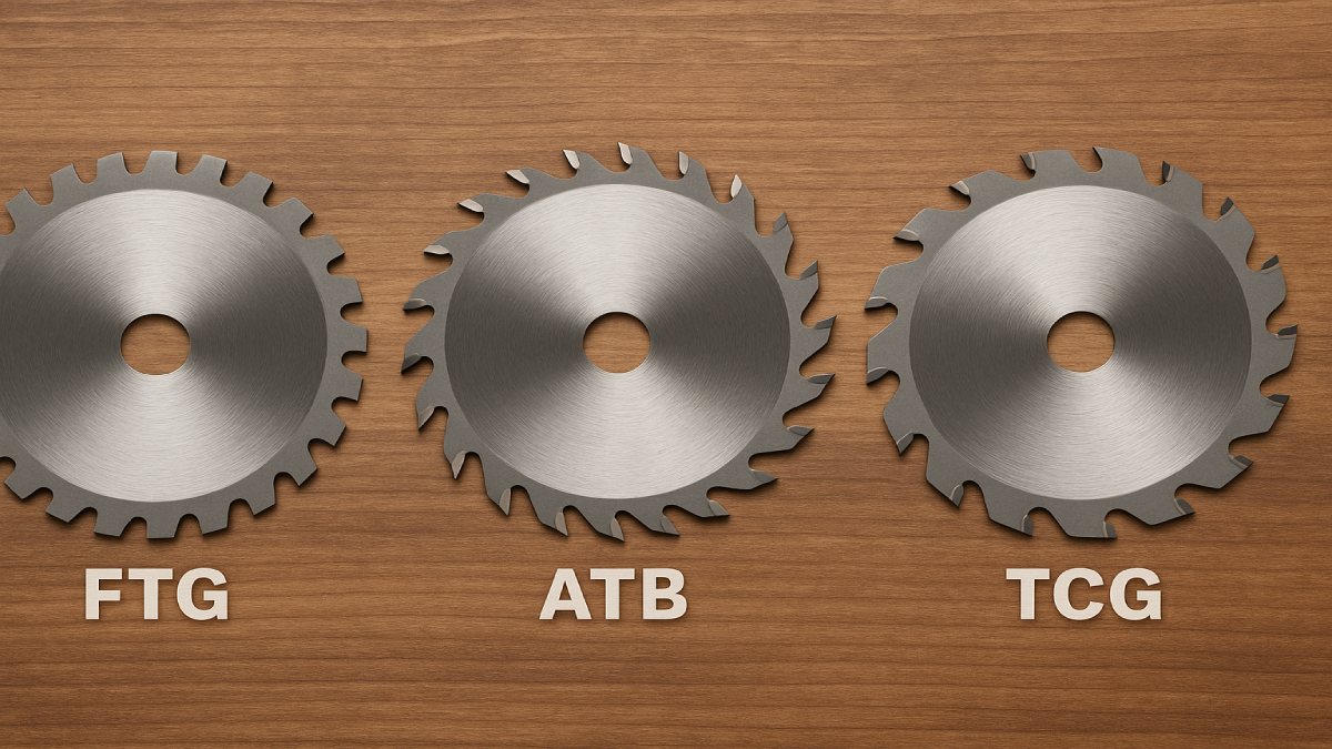 Three labeled saw blades showing FTG, ATB, and TCG tooth patterns on a wooden surface.