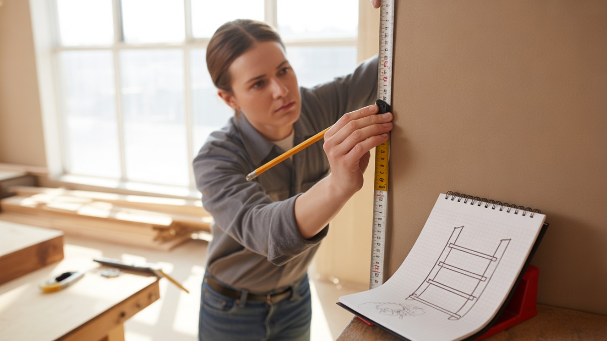 Measuring wall and spacing for bookshelf design.