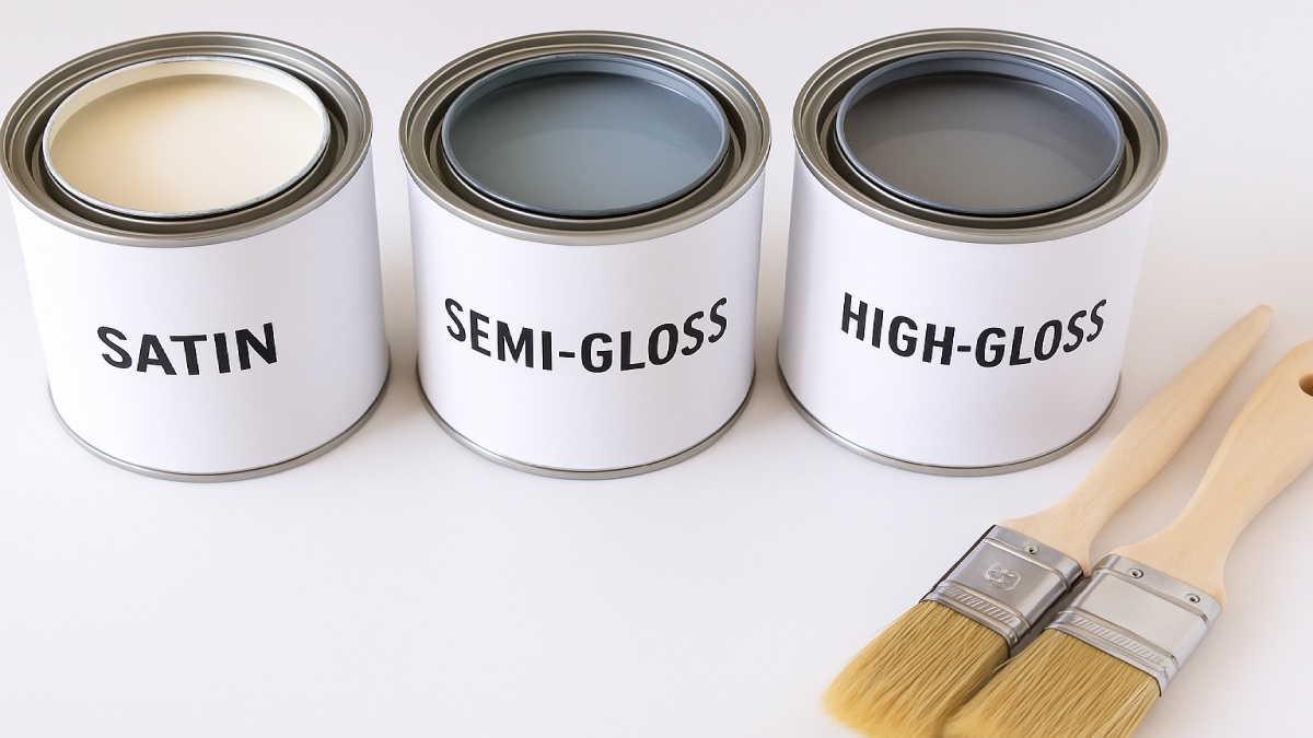 Various paint cans labeled satin, semi-gloss, and high-gloss finishes