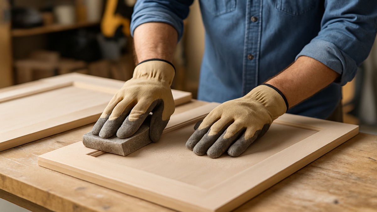 Person sanding cabinet doors on a workbench before painting