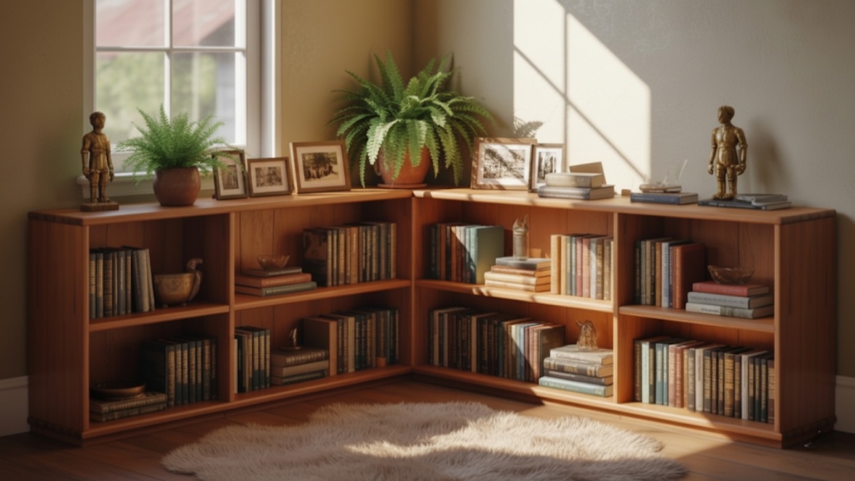 Installed corner bookshelf styled with books and plants.