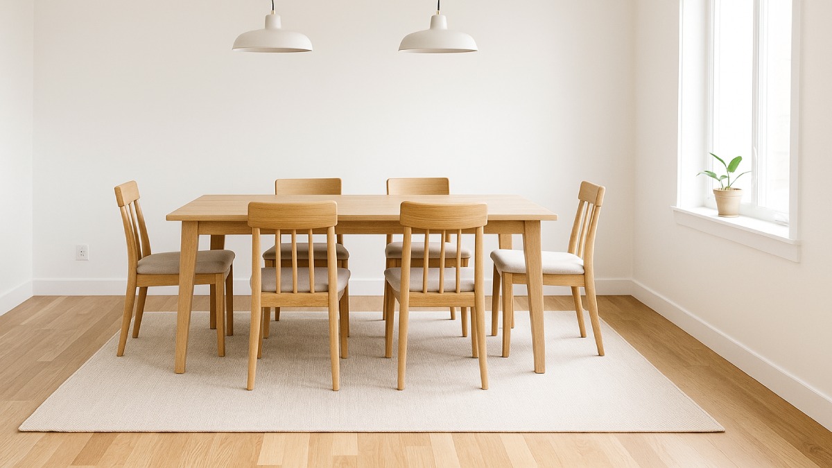Dining room with an 8x10 rug extending beyond chairs for easy movement