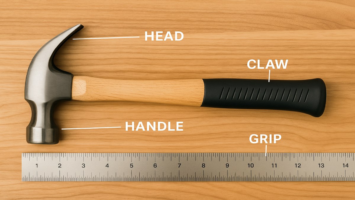 Close-up of a hammer showing labeled parts — head, face, claw, handle, and grip — on a wooden background.