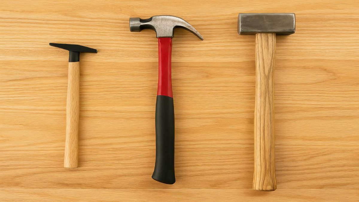 Three hammers side by side showing wooden, fiberglass, and steel handles on a bright background.