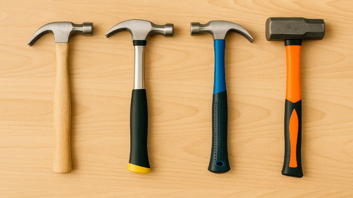 A lineup of different hammers — claw, framing, finish, ball-peen, and mallet — arranged neatly on a carpenter’s bench.
