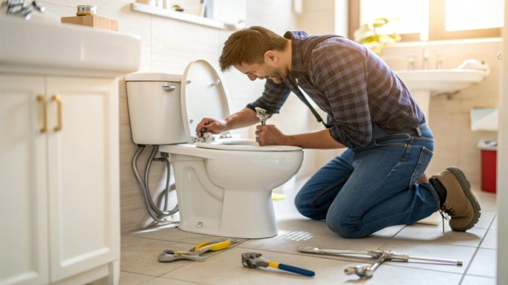 Homeowner repairing a running toilet by adjusting the fill valve and flapper