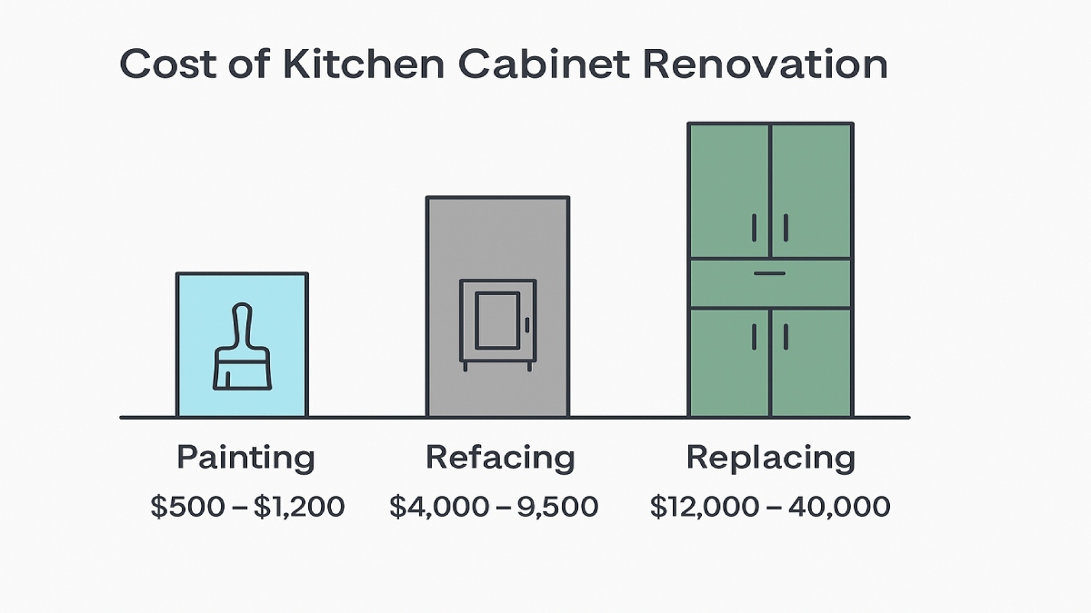 Cost comparison chart showing painting vs refacing vs replacing kitchen cabinets