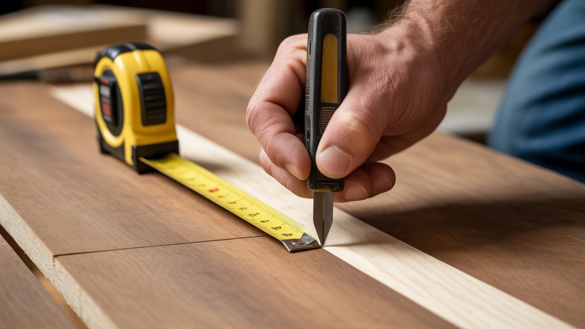 Knife scoring a layout mark next to a tape measure for a clean, precise cut line.
