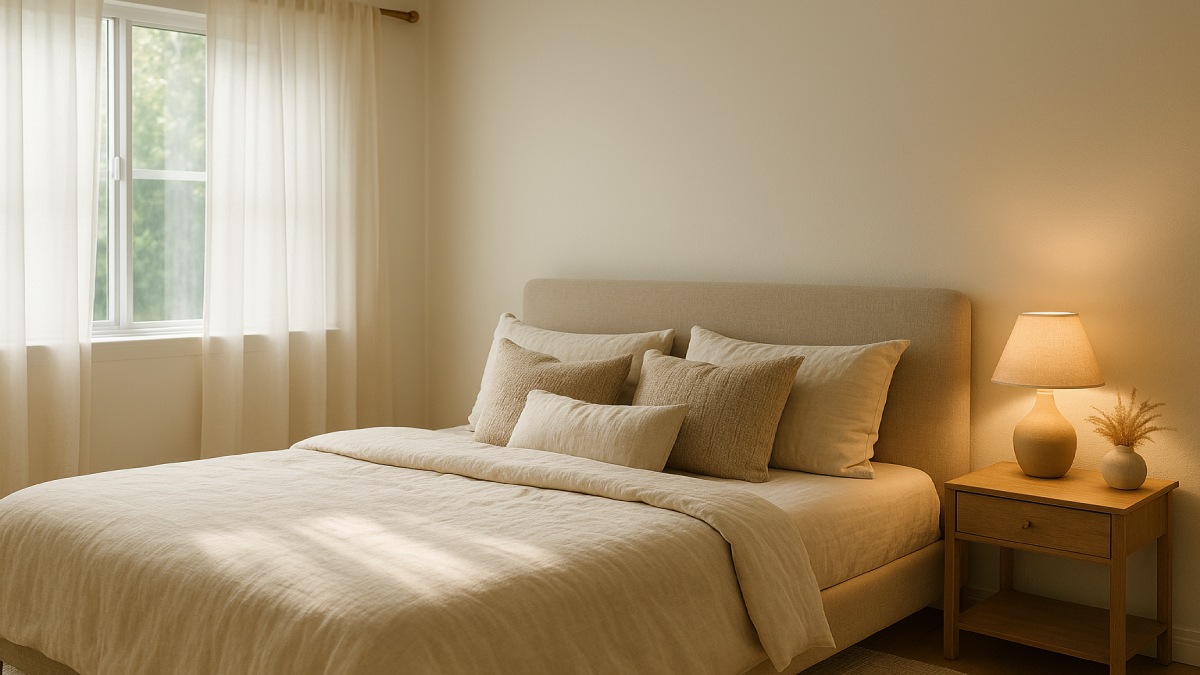 Soft morning sunlight filtering into a cozy bedroom with neutral décor