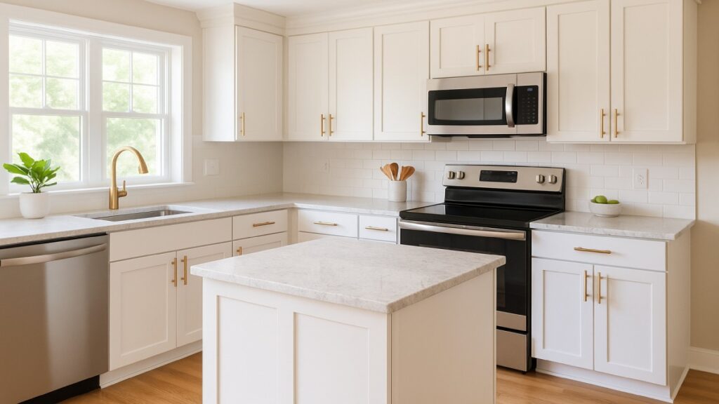 Freshly painted white kitchen cabinets with modern brass hardware and bright countertops