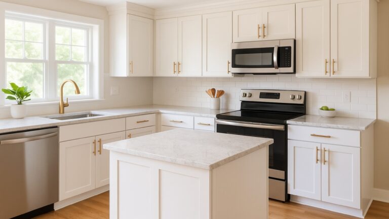 Freshly painted white kitchen cabinets with modern brass hardware and bright countertops
