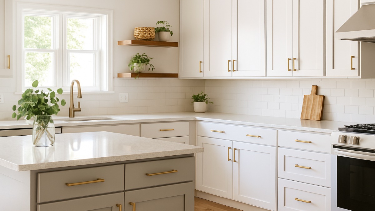 Person cleaning painted cabinet door with microfiber cloth