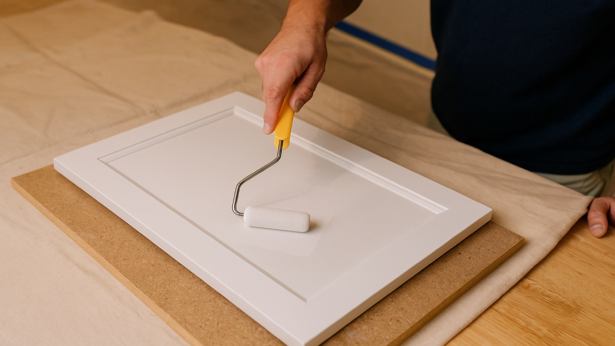 Person painting a cabinet door laid flat on a workbench with foam roller