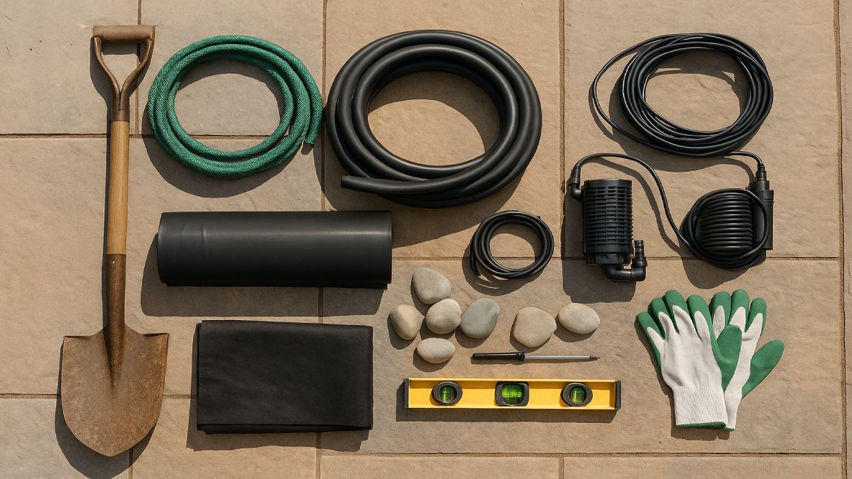 Overhead view of essential pond-building tools and materials — shovel, liner, pump, tubing, gloves, and rocks — arranged neatly under sunlight.