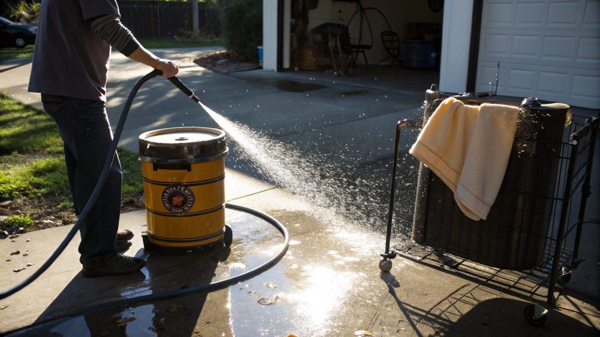 User rinsing a shop vac drum with a hose and letting the foam sleeve air-dry on a rack.