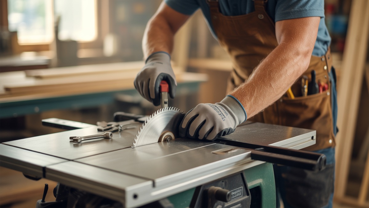 Craftsman aligning a saw blade on a table saw using a wrench and gauge under good lighting.
