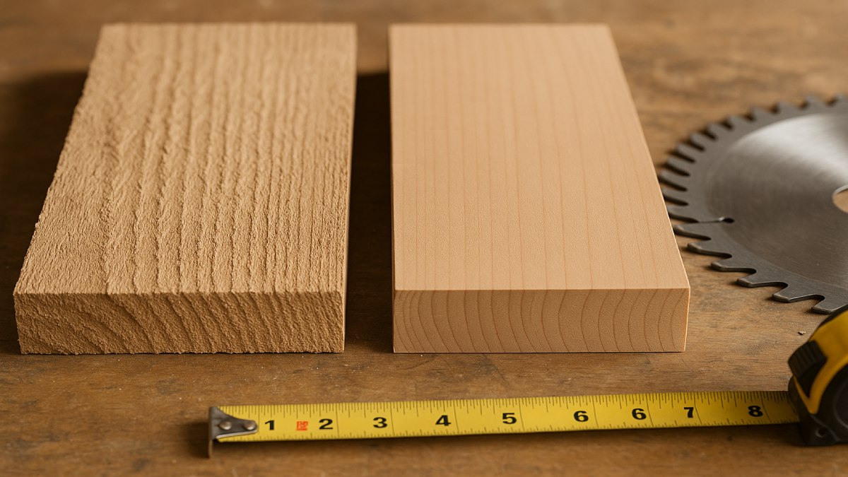 Two wooden boards showing rough rip cut vs smooth crosscut surface side by side