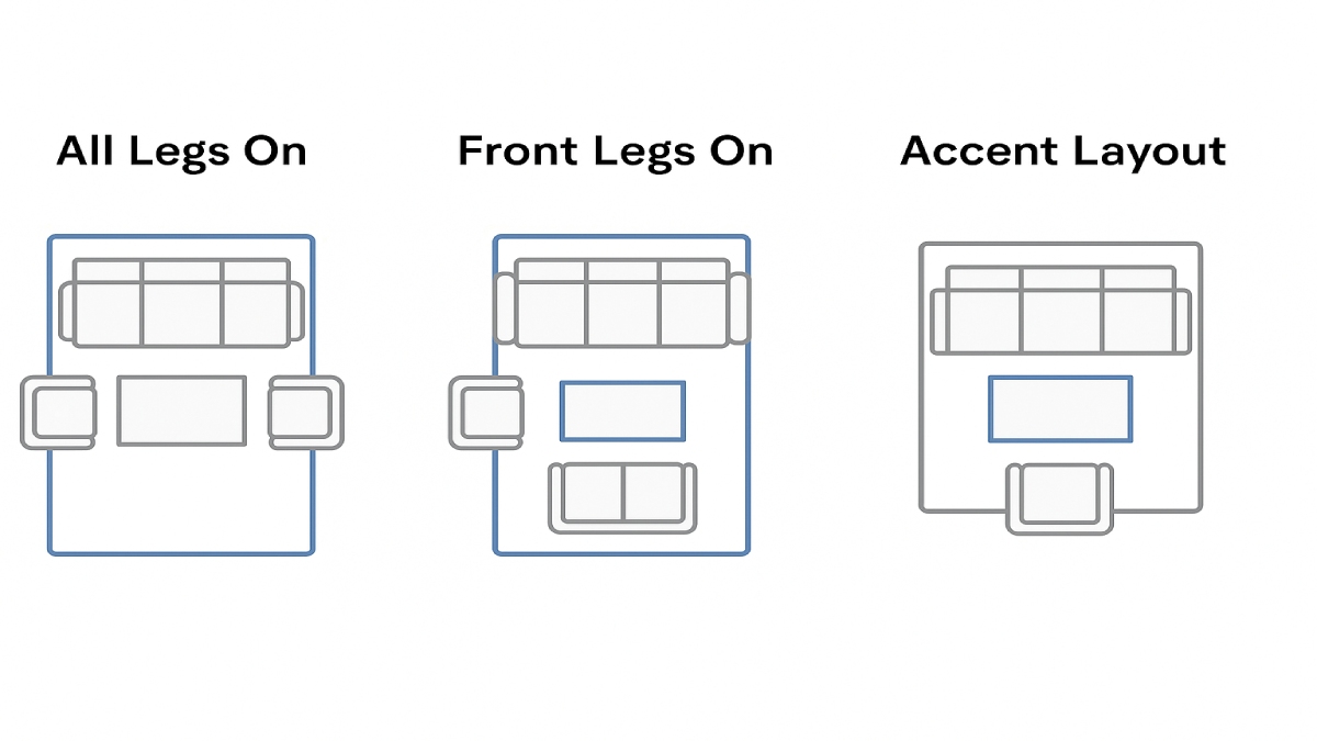 Three living room rug layout styles compared in a simple infographic.