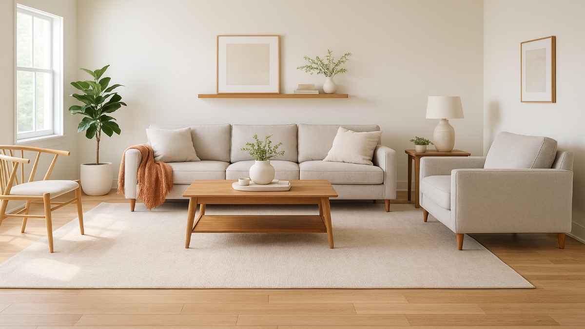 Modern living room with large area rug uniting the sofa, chairs, and coffee table