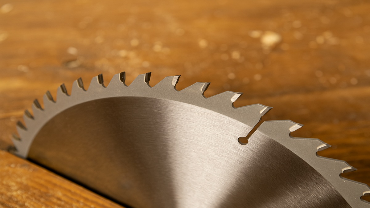 Circular saw blade close-up showing clean, sharp teeth under workshop lighting