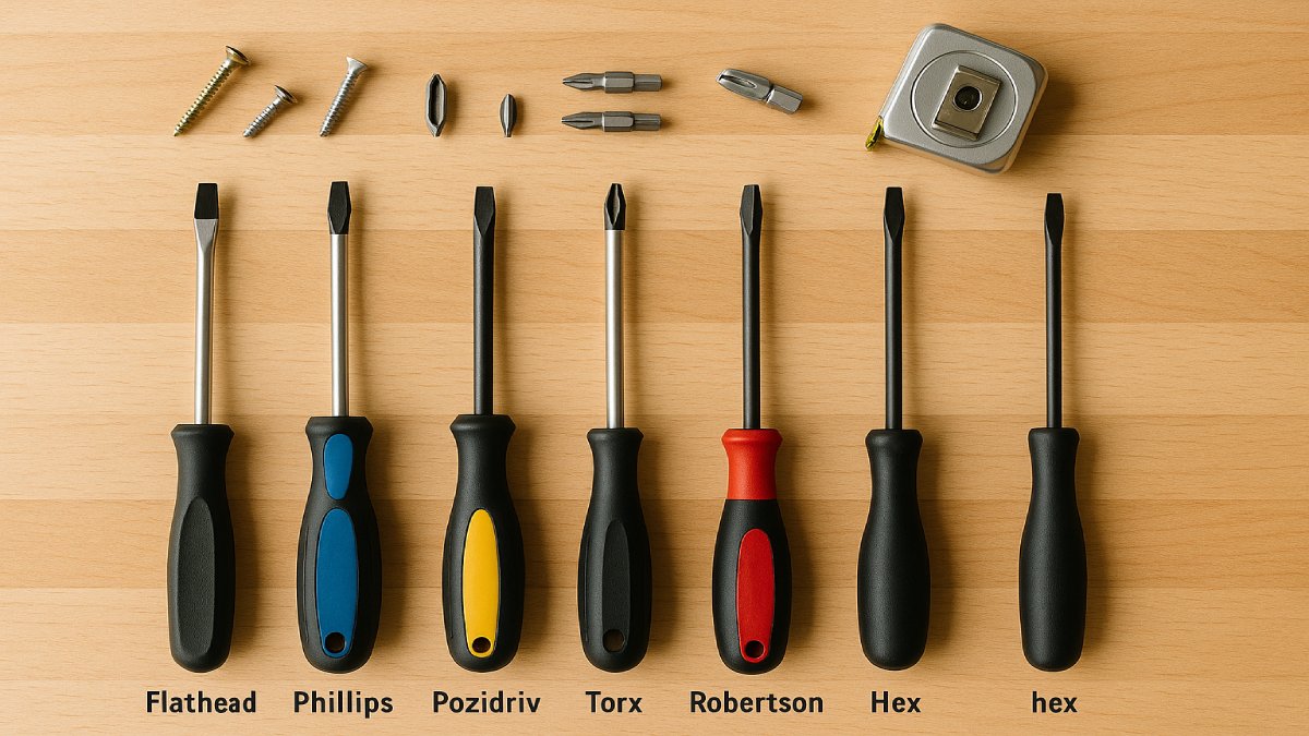 Flat-lay photo of different screwdriver types labeled by head shape