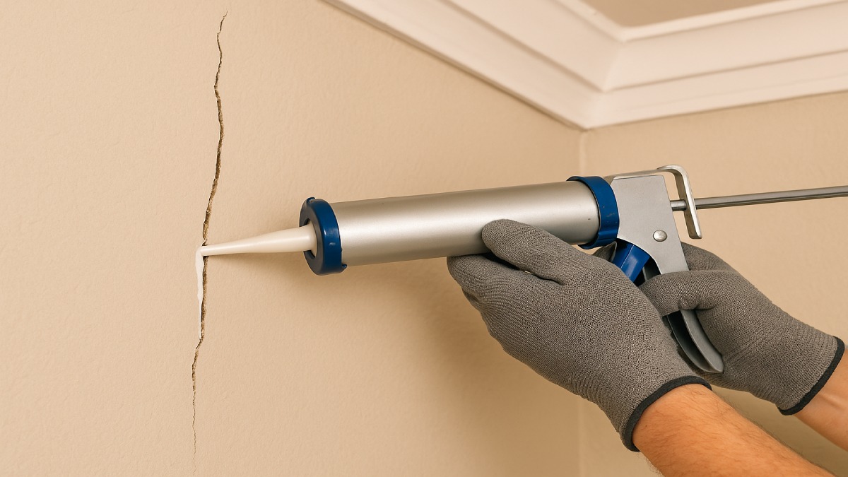 Contractor sealing a wall crack using an epoxy injection kit