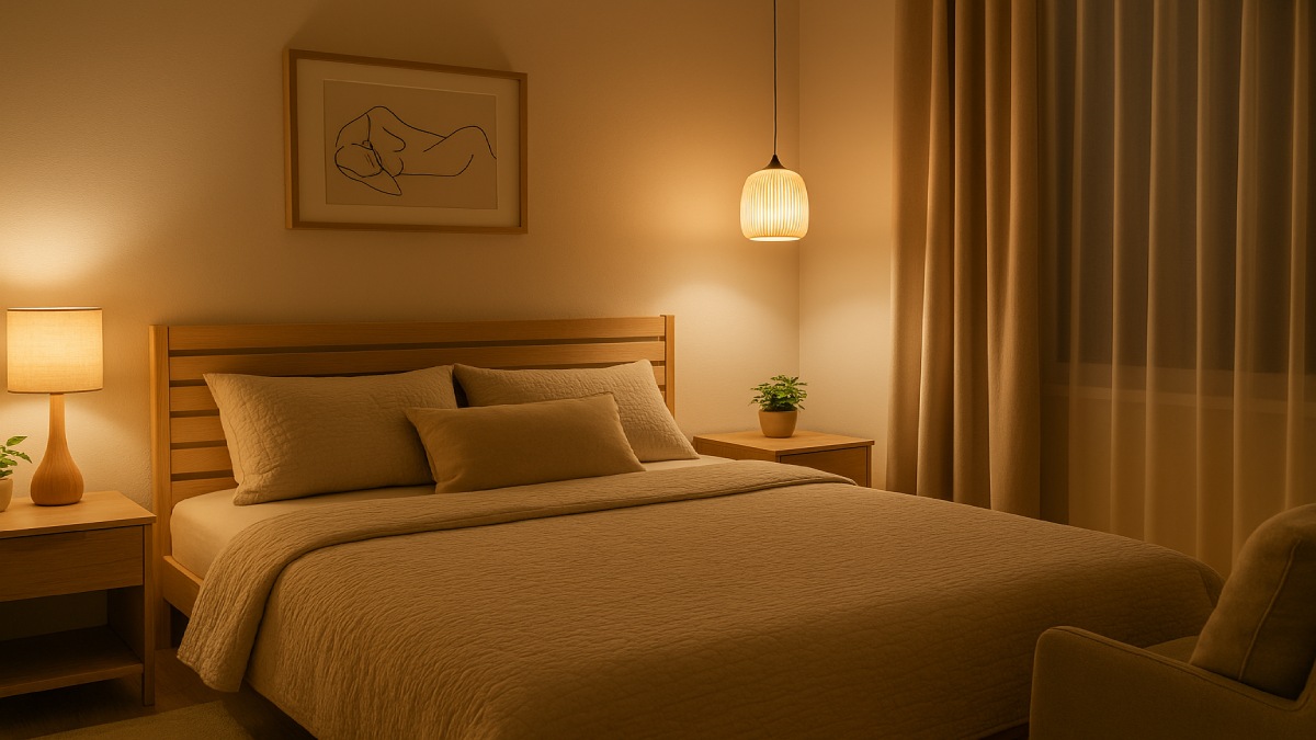 Smart warm LED bedside lamp adjusted to a dim golden hue for night use
