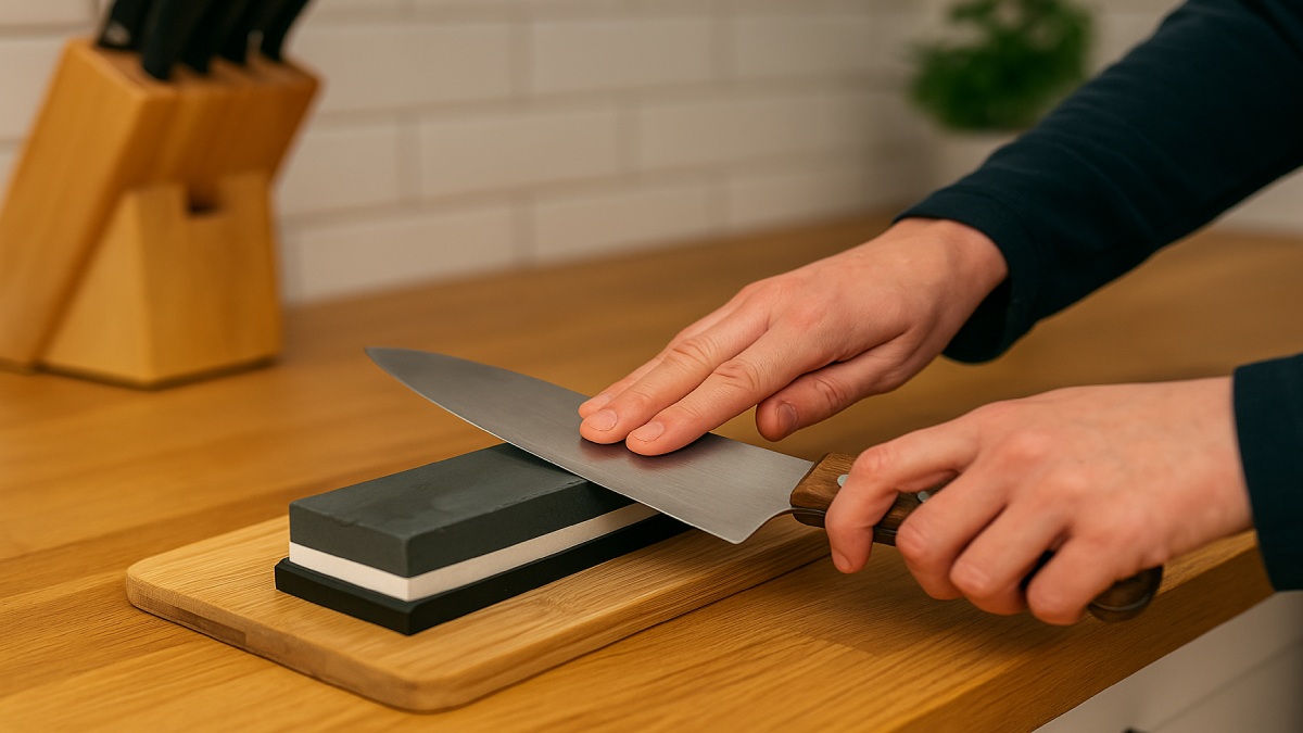 Person stropping a chef’s knife on a leather strop with green polishing compound