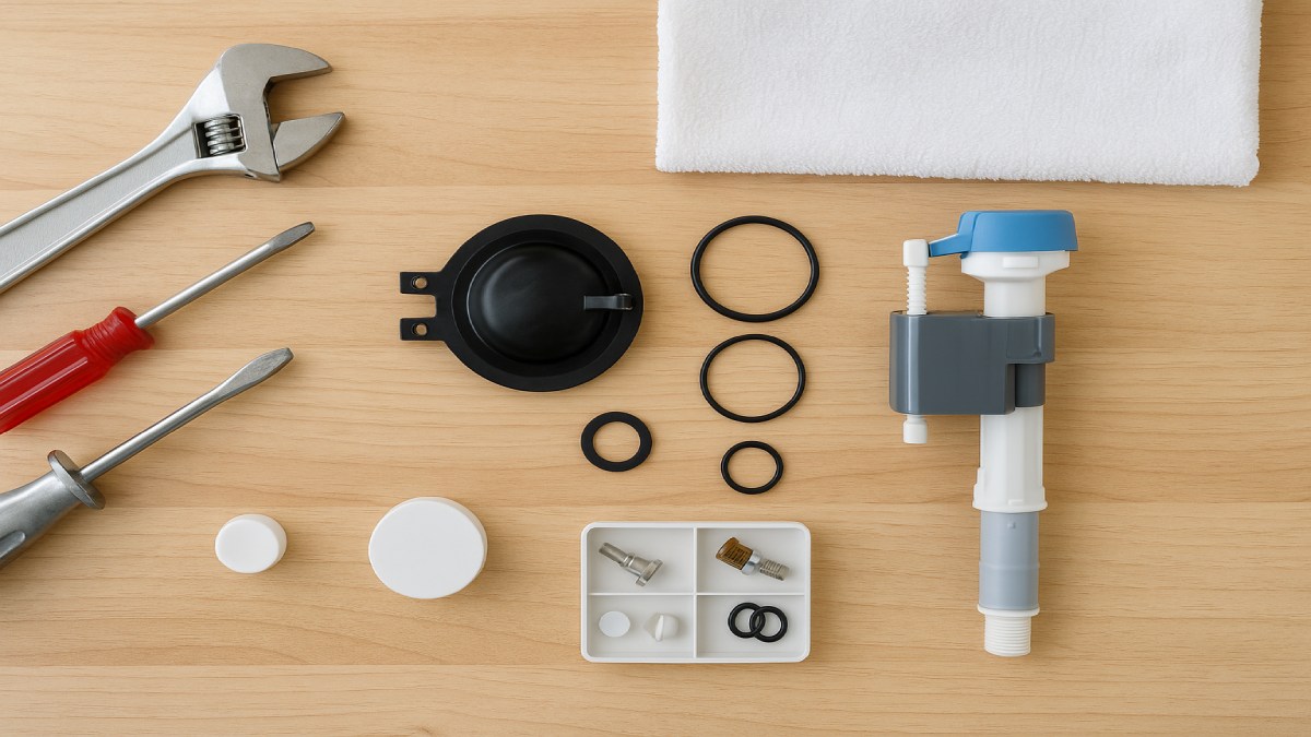 Overhead view of tools and parts used for fixing a running toilet