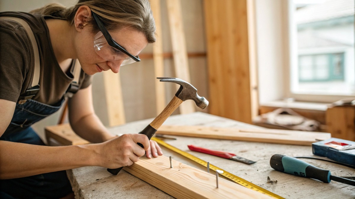 A person wearing safety glasses using a hammer properly in a bright home workshop.