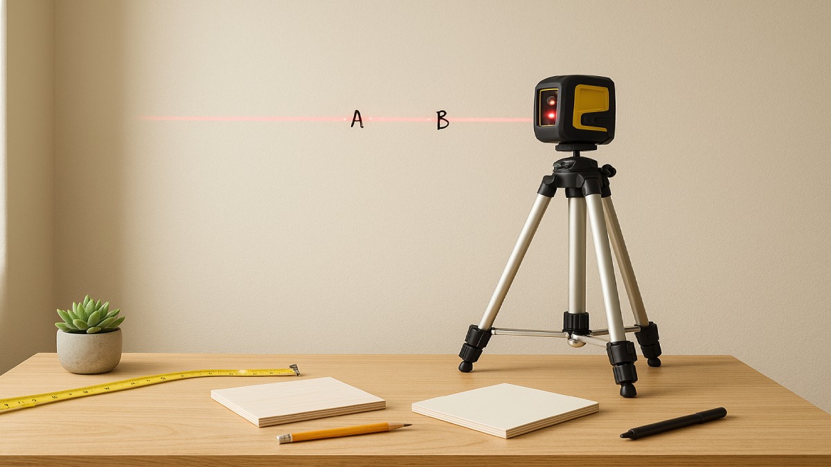 Laser level projecting a beam onto marked A and B points for calibration.