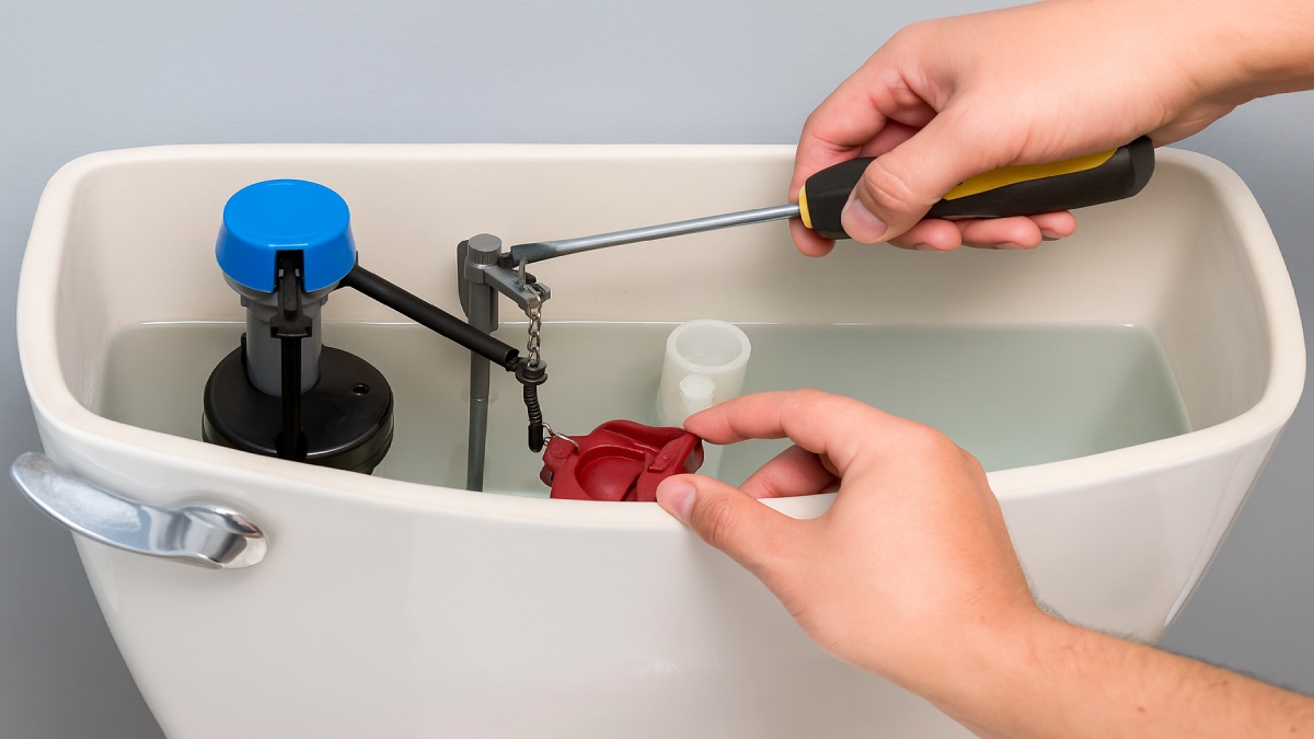 DIY hands replacing toilet fill valve and flapper inside tank