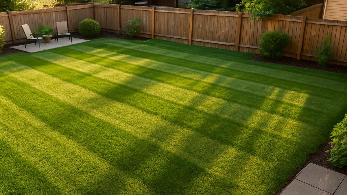 Aerial-style view across a medium suburban lawn showing alternating mow patterns and healthy, even turf color