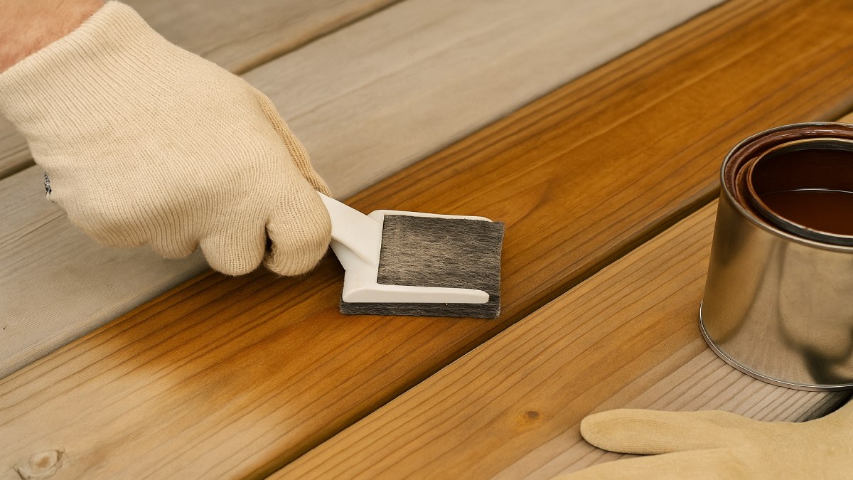 Applying semi-transparent stain with a pad along the grain on a wooden deck
