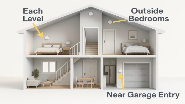 Diagram of a house showing recommended carbon monoxide alarm locations on each level and near bedrooms.