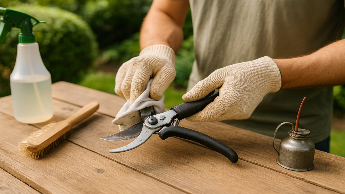 Close-up of a gardener wiping a steel pruner blade dry after cleaning, preventing moisture from causing rust.
