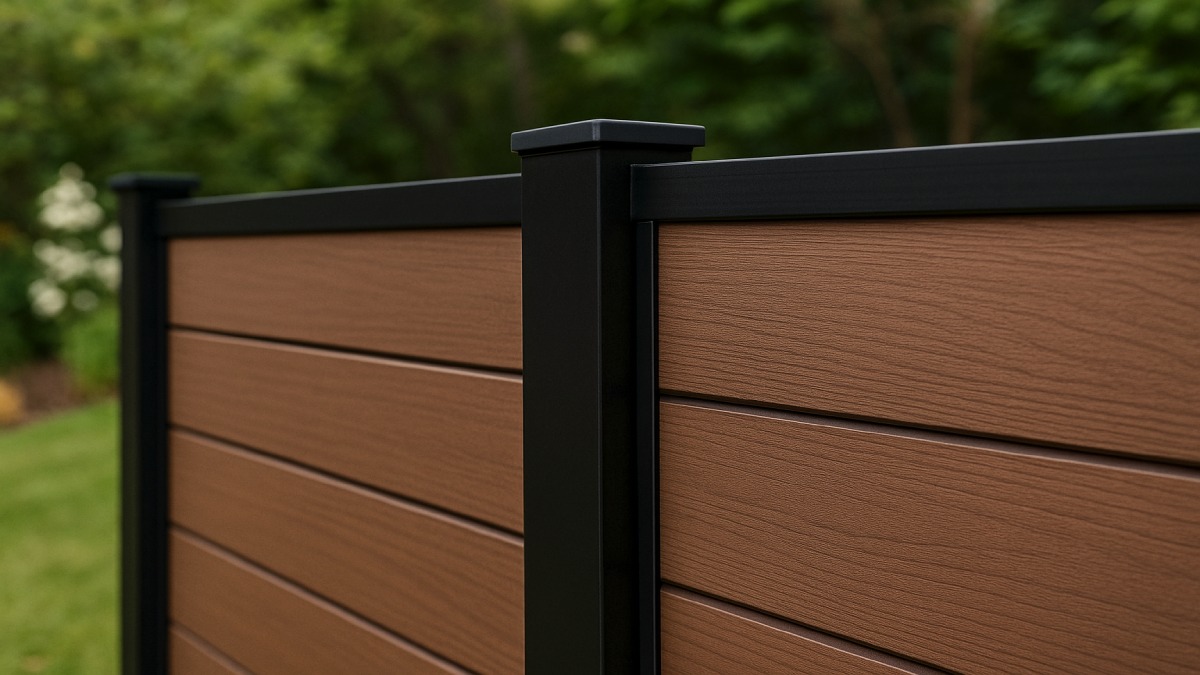 Close-up of a composite privacy fence with metal frame and clean alignment.
