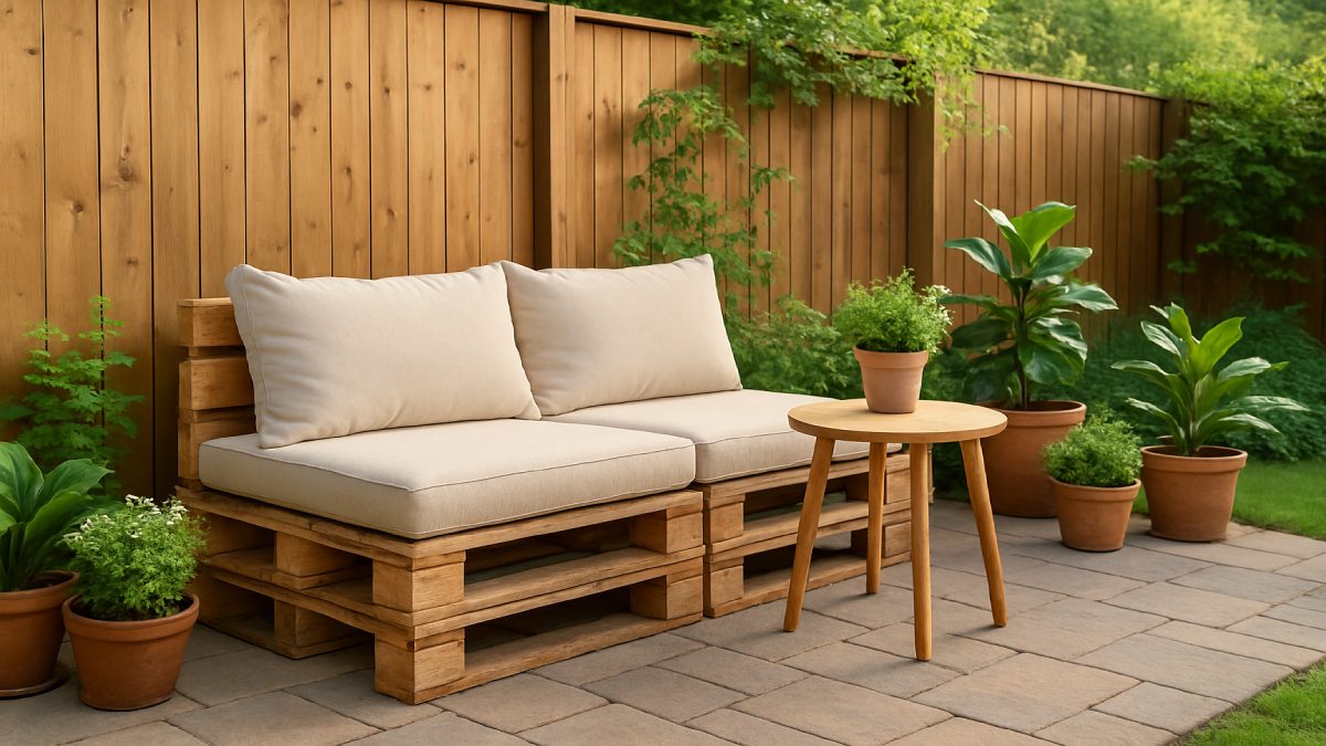 Inviting garden seating area built from recycled pallets with neutral cushions and potted plants