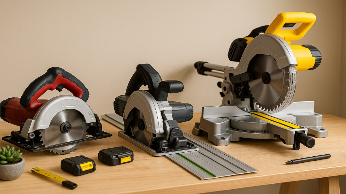 Circular saw, track saw, and miter saw arranged in a workshop.