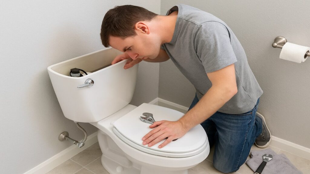 Modern white toilet with tank lid removed, tools beside it for DIY repair
