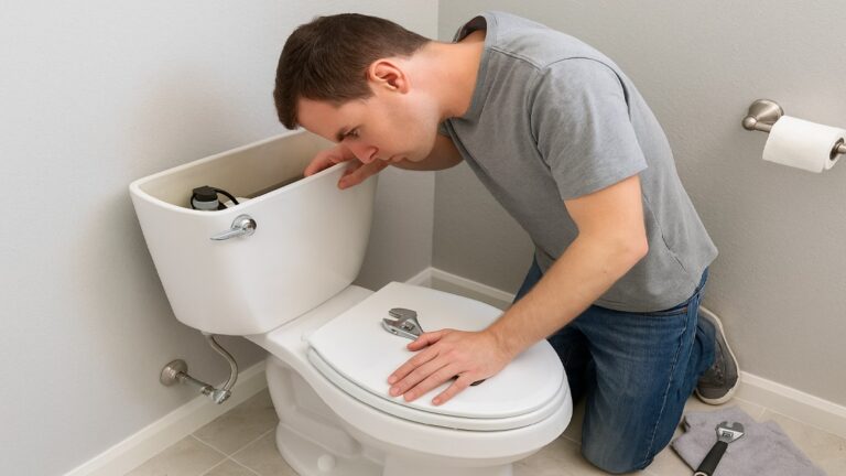 Modern white toilet with tank lid removed, tools beside it for DIY repair