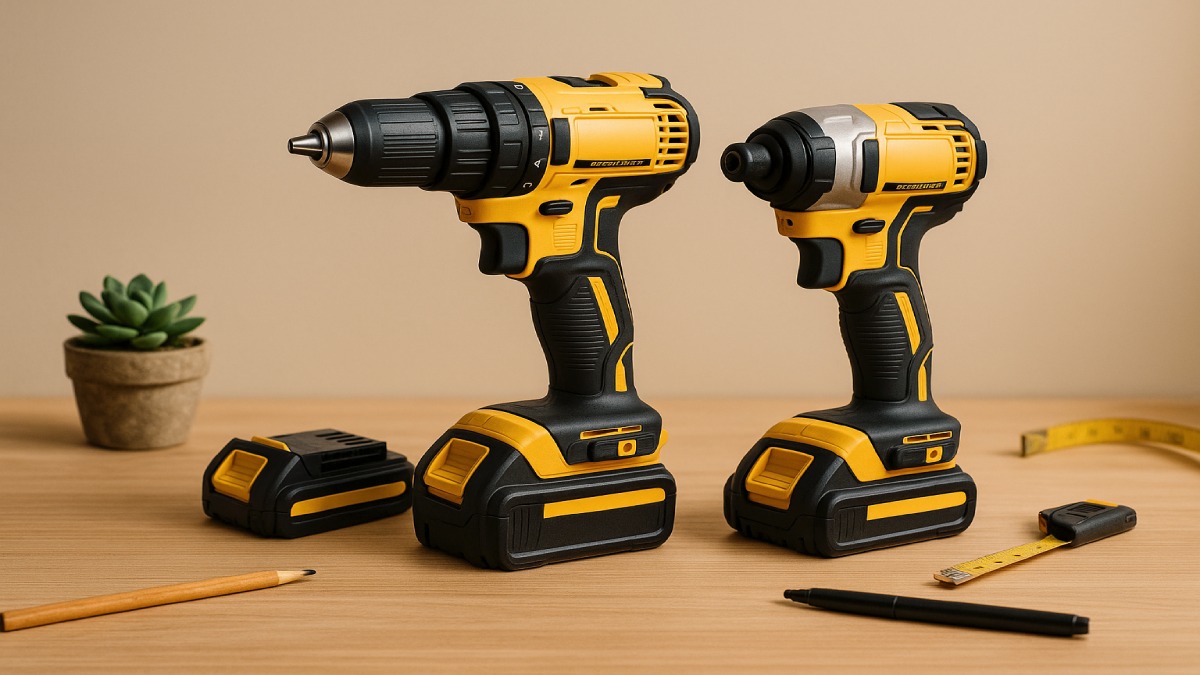 Cordless drill and impact driver combo on a table